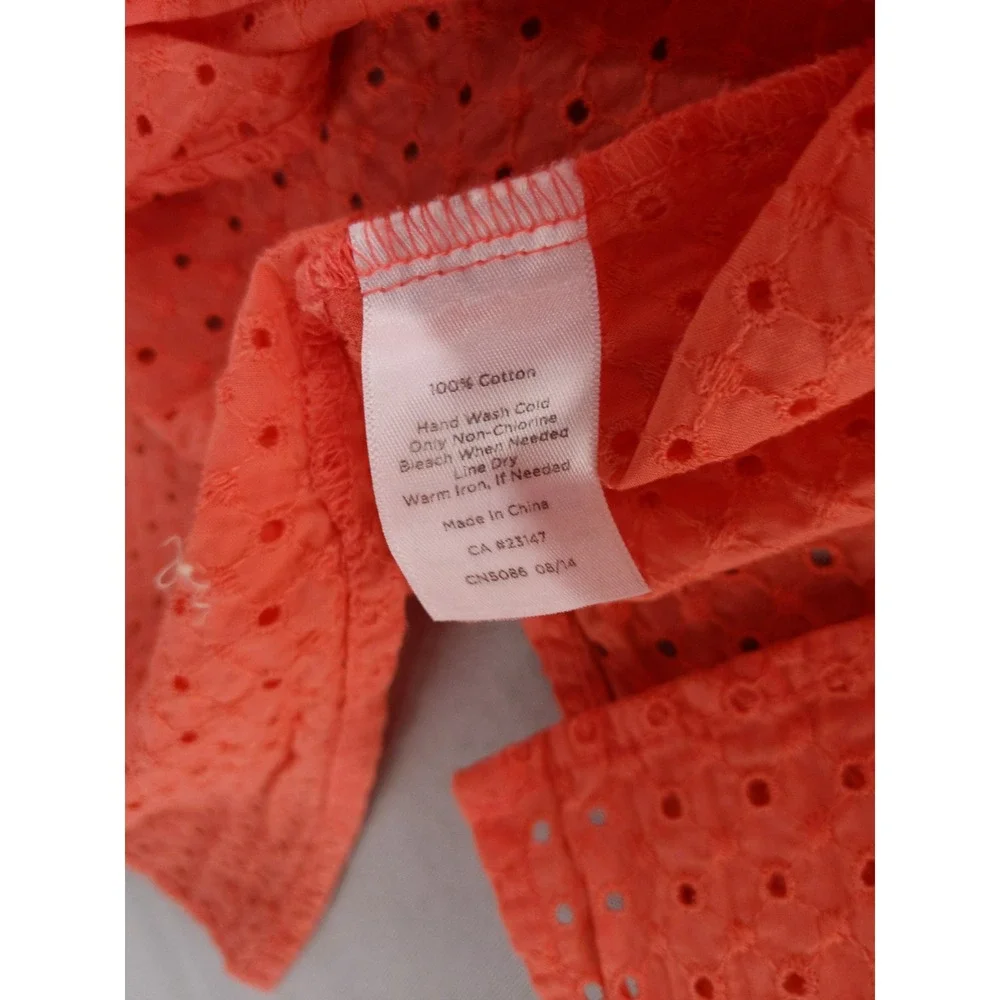 Talbots Eyelet Tunic Size L Coral Orange Empire Waist V-Neck Cotton 3/4 Slv